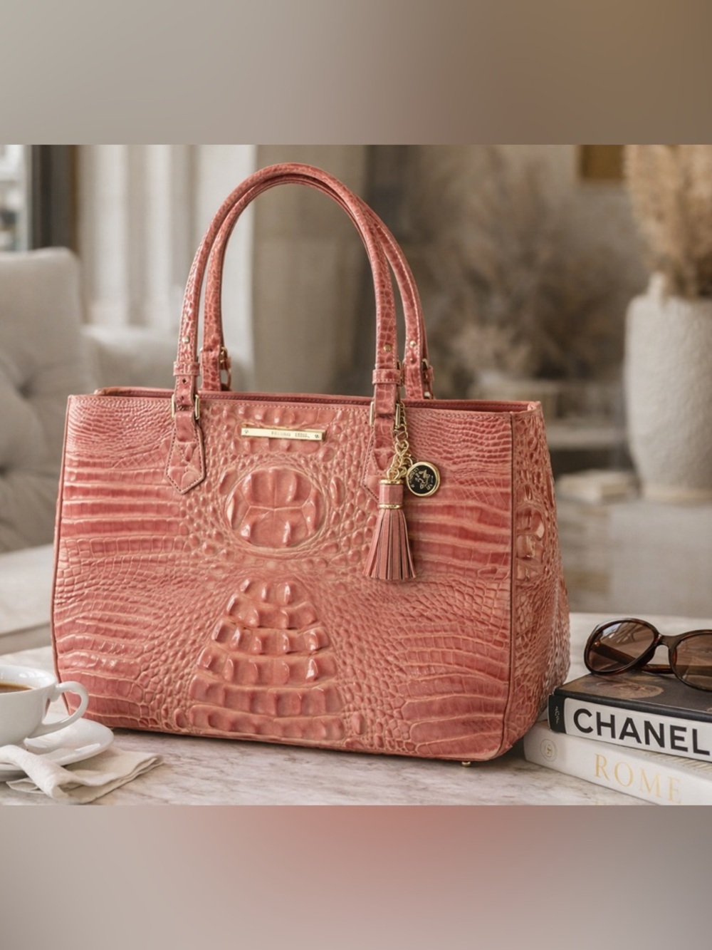 BRAHMIN Croc Embossed Leather Tote Pink Coral Large Shoulder Bag Tassel Charm